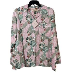 Papinelle Pajama Top Womens Size M Pink Floral Print Button Closure Pocket NEW